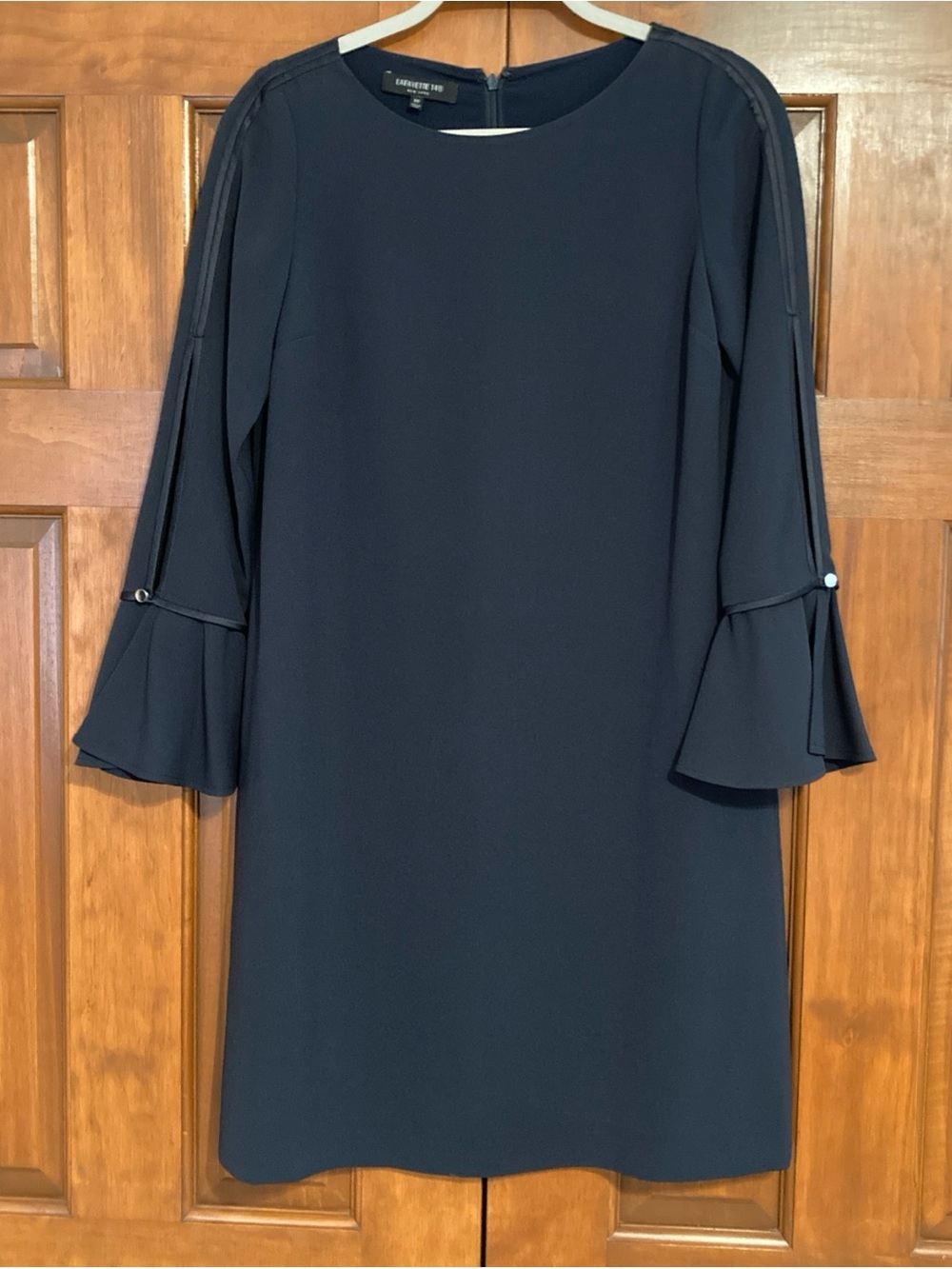 Lafayette 148 New York Navy crepe A-line Shift Dress with Fluted Sleeves XS